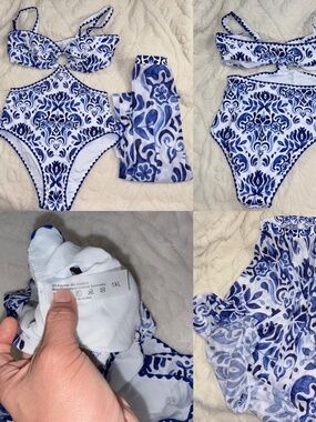 One-Piece Swimsuit With Blue & White Floral Print, Paired With Match